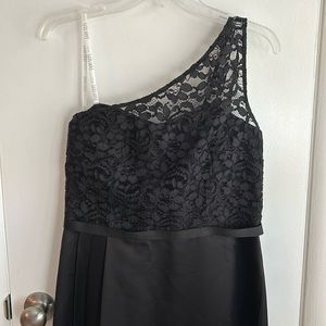 David’s Bridal one shoulder floor length black dress with top lace